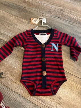 Striped Red & Navy Baby One-Piece with 'N' Accent nwt 0/6m